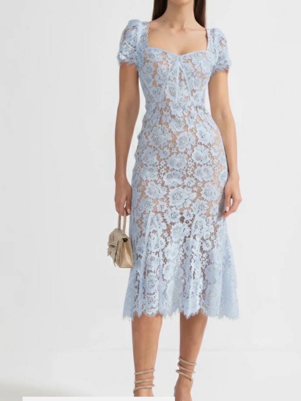 Sierra Darien Light Blue Lace Midi Dress with Puff Sleeves NWT